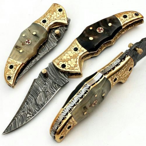 Damascus handmade folding knife sharped blade with free leather sheath